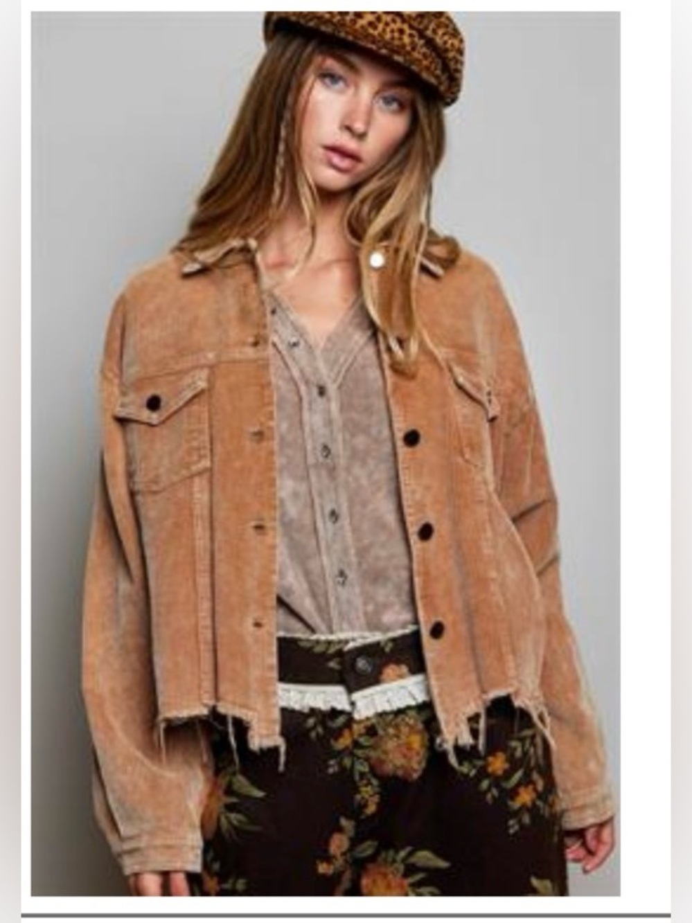 POL Cropped Distressed Corduroy Jacket in Rust Tan